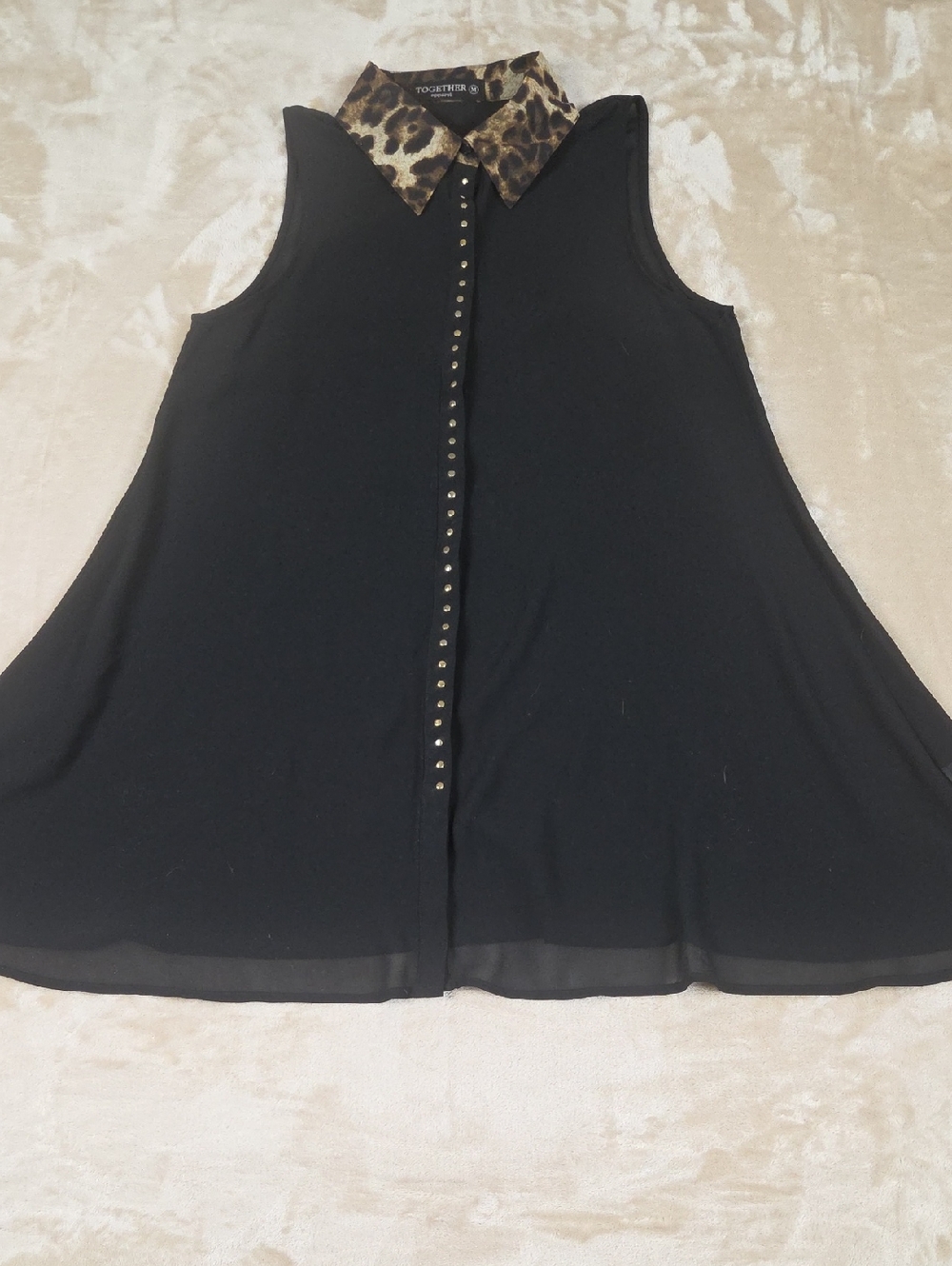 Together Black Sleeveless Blouse with Leopard Print Collar
